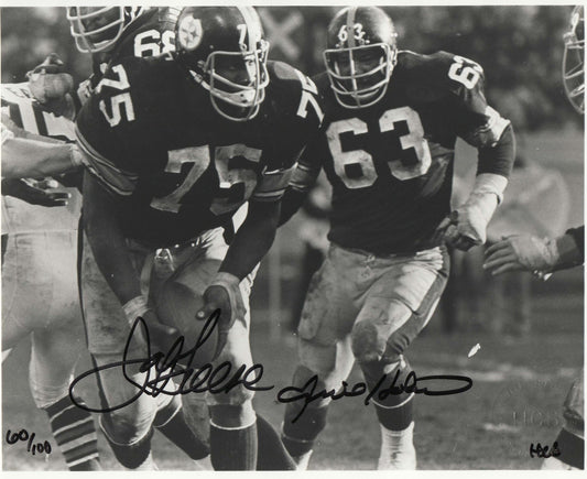 Black and white photo of football players in action with autographs on a sports-themed background
